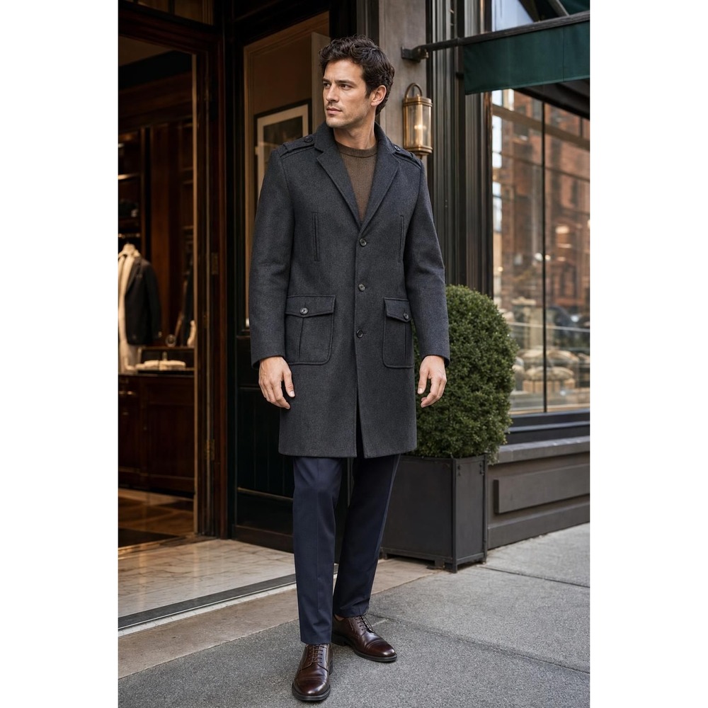 INC International Concepts Wool Coat Men's L Charcoal Long Peacoat Old Money